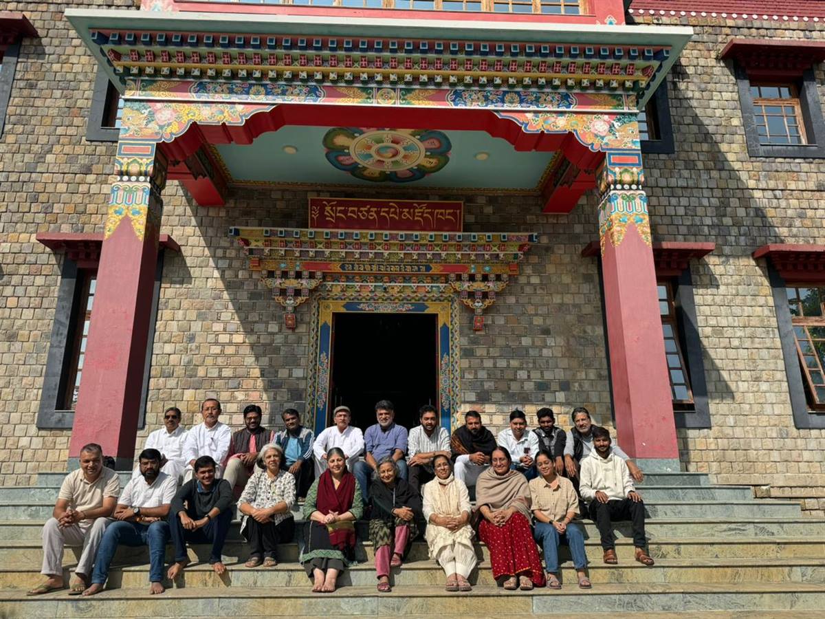 Retreat participants gathered outside Songtsen Library, Dehradun